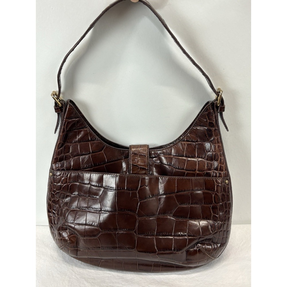 Lauren Ralph Lauren Croc Embossed Leather Hobo Purse Brown Shoulder Bag - Picture 3 of 11
